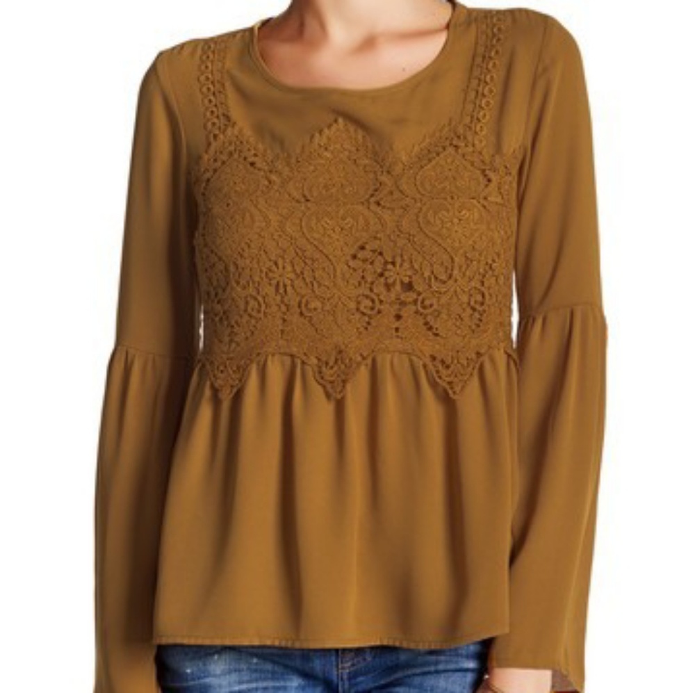 Mustard Crochet Bodice Bell Sleeve Blouse